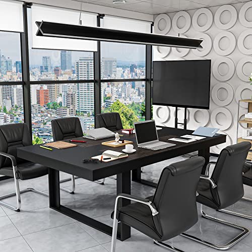 FAMAPY 7.2FT Conference Table Podcast Table, Black Metal Frame, Rectangular Office Table Meeting Table Podcast Table, Black and Deep Walnut (86.8”W x 47.2”D x 29.4”H)