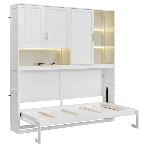 SOFTSEA Twin Murphy Bed with Storage Bookcase and Shelves, Horizontal Wall Bed with LED Light & Charging Stations, Space-Saving for Living Room, Guest Room, Bedroom, Office, Grey