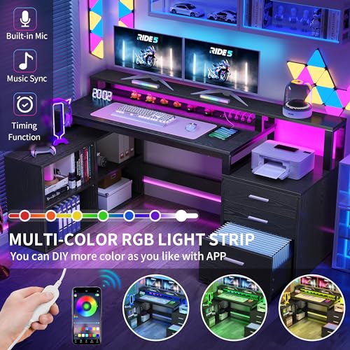 DWVO L Shaped Desk with Power Outlets & LED Lights, 65" Computer Desk with Drawers, Corner Desk Office Desk with File Cabinet & Printer Stand, Black
