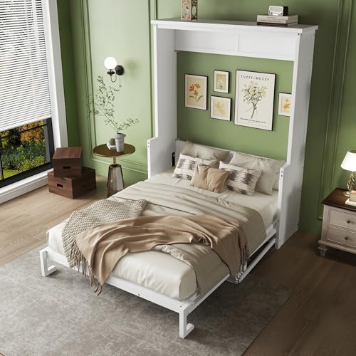 Queen Size Murphy Bed Wall Bed with 2 Side Cabinet Storage Shelf & Desk Combo,68-inch Vertical Wall Bedframe w/Can Be Folded for Bedroom Guest Room Small Space, White