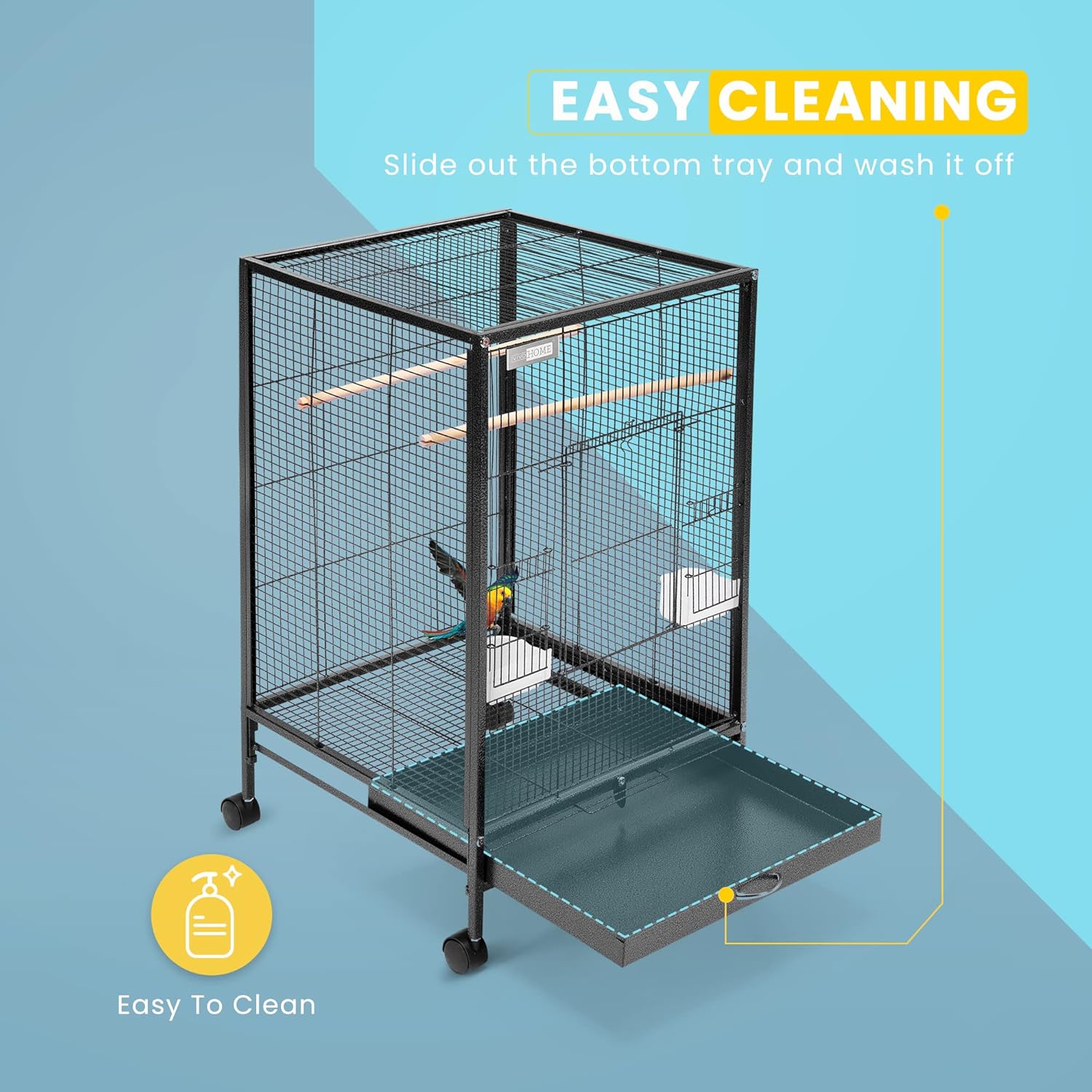 VIVOHOME Outdoor Green Garden Bird Bath and Solar Powered Round Pond Fountain & 30 Inch Height Wrought Iron Bird Cage with Rolling Stand