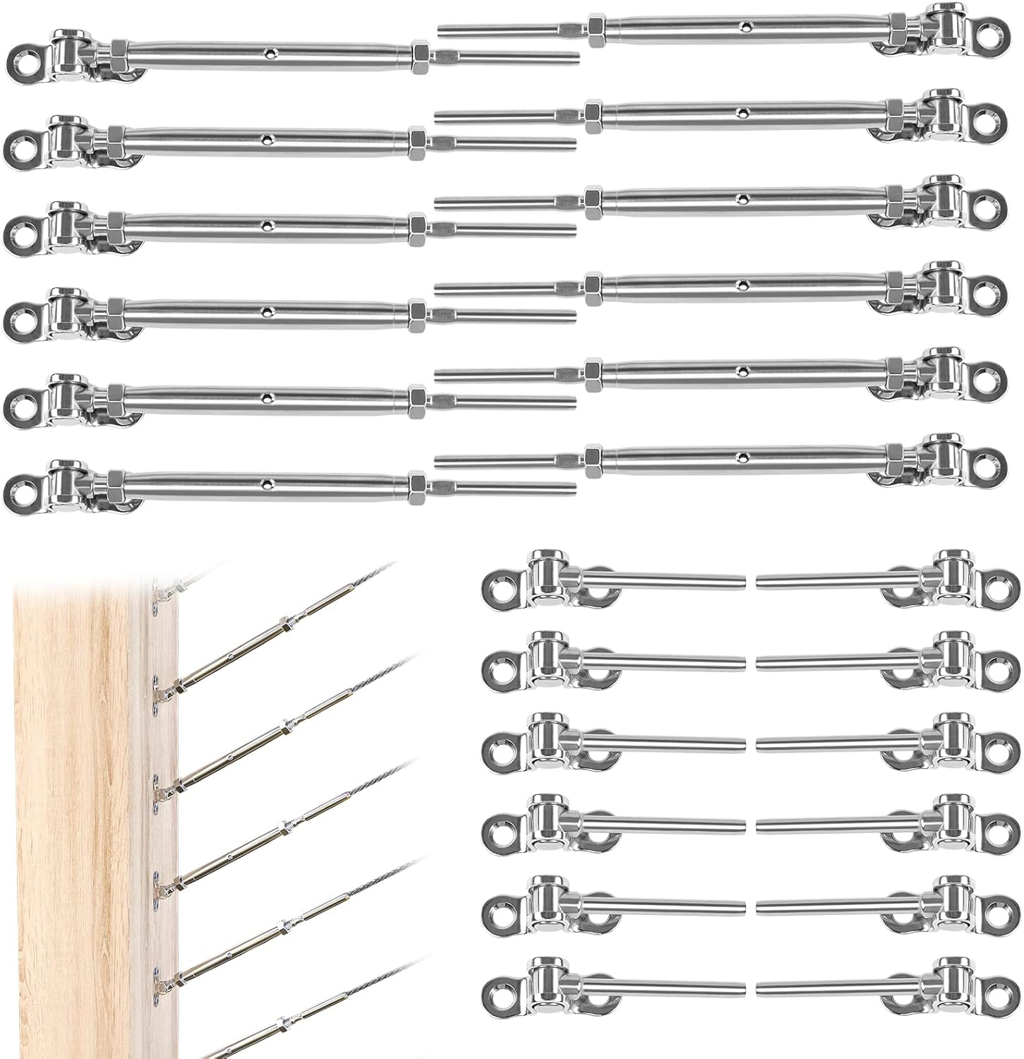 Muzata 32Set Cable Railing Kit 1/8 Swage Toggle Turnbuckle Hardware T316 Stainless Steel for Wood Post WoodEasy System Angle 180��Adjustable Stairs Deck 32 Cable Lines CK07 NN1,CA4 CA5