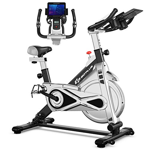 Goplus Adjustable Exercise Bike, Stationary Silent Bicycle with Dual-Spring Shock Absorption Design, Real-time Heart Rate, Cup/Phone Holder and Electronic Display, Indoor Cycling Bike