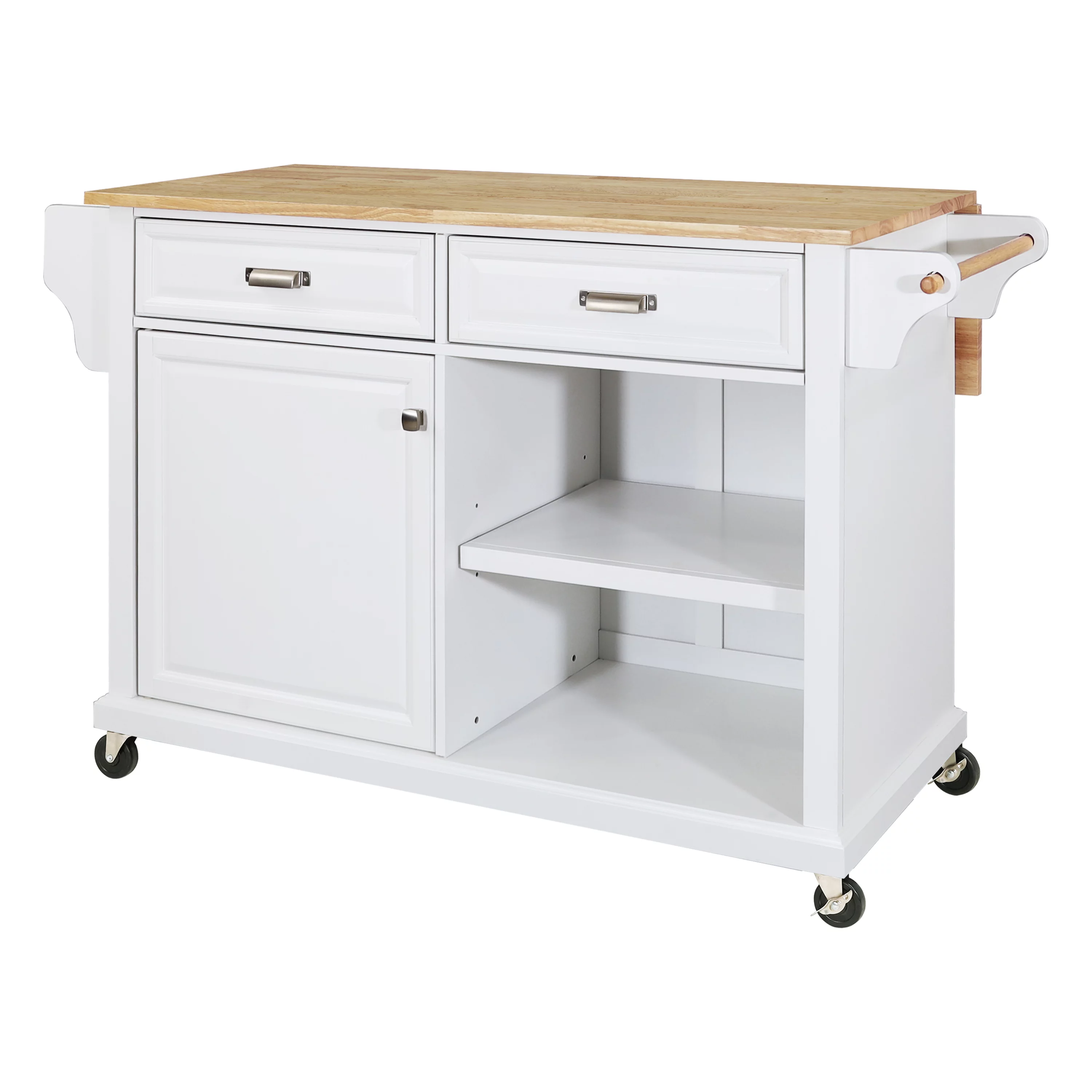 Multi-Functional Storage Island Cart with Rubberwood Countertop and Drop-Leaf, Greenguard Gold Certified, Kitchen Island on Wheels with Large Storage Cabinet,2 Drawers,Spice Rack,Towel Holder, White