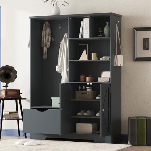 Hall Tree with Bench and Shoe Storage, Multi-functional Hall Tree with Storage Shelves Drawers and Cabinet, Modern Coat Rack with Hooks for Hallway Entryways (Antique Blue)