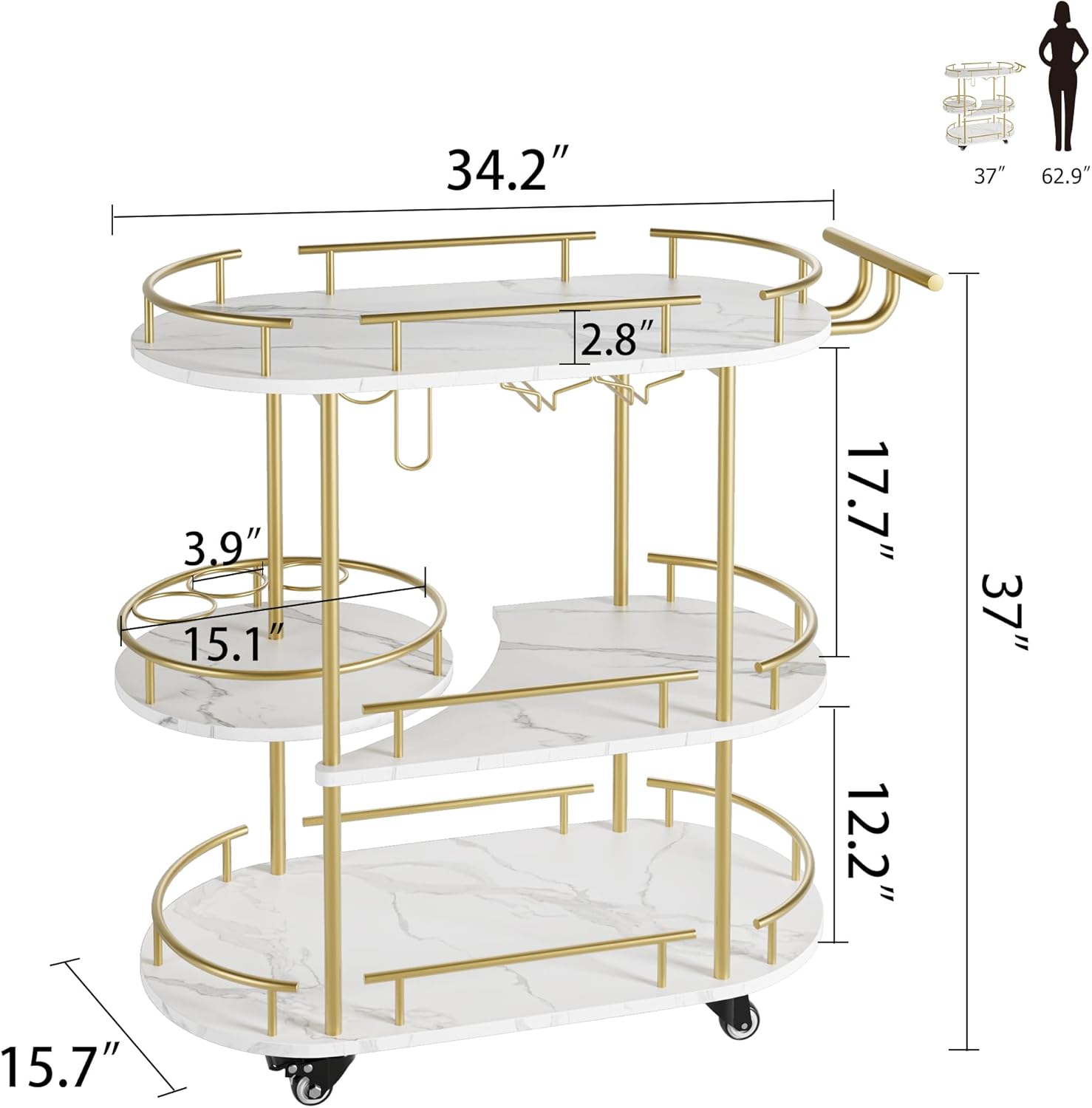 GAOMON Gold Bar Cart, 3 Tier Bar Cart with Wheels, Gold Rotating Bar Cart with Wheels and Handle, Serving Cart with Wine Rack and Glass Holder for Kichen, Living Room, Dining Room