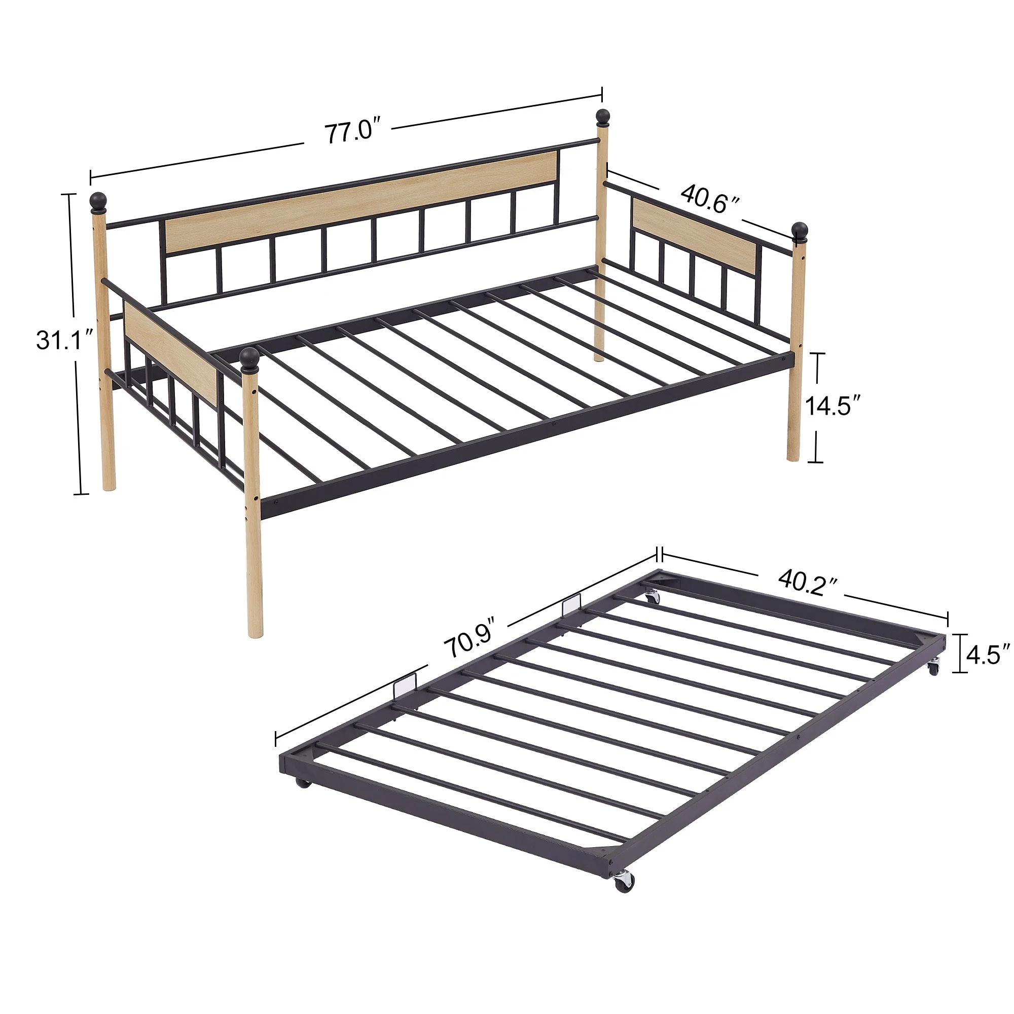 Baja Twin Size  Metal Frame Daybed with Trundle - Black