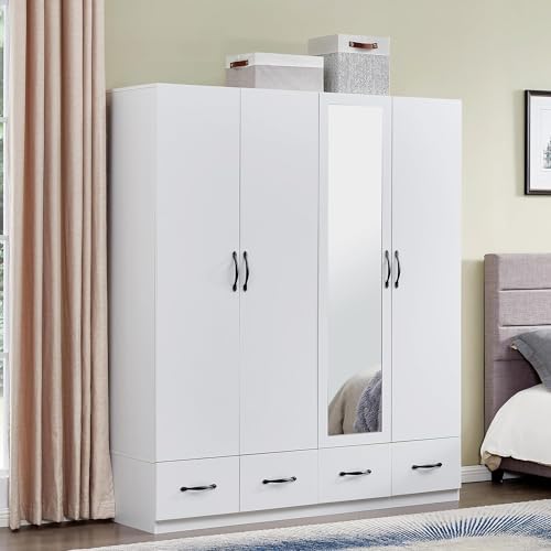Wardrobe Closet, 2 Door Wardrobe Cabinet with Storage Cabinet, Armoire Wardrobe Closet with Storage Drawers, Bedroom Armoires with Hanging Rod, White Wooden Closet (71" H x 32" W x 20" D)