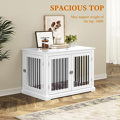 Dog Crate Furniture with Cushion, Dog Crate End Table Large, Indoor Dog Kennel, Dog House, Dog Cages for Large Dogs, Furniture Style Dog Crate with Flip-top, Chew-Proof Metal Bars, White