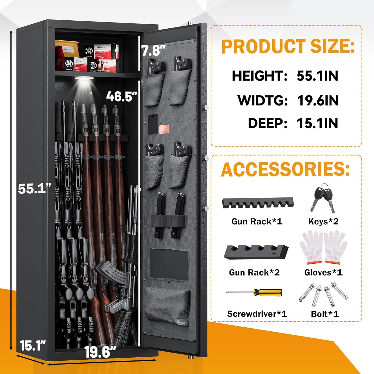 KAER 10-14 Gun Safe,Gun Safe for Home Rifle and Pistols,Gun Cabinet for Rifle and Shotgun,Gun Safe for Shotguns with Digital Keypad,Pistol Pockets,Removable Shelf