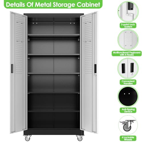 Aobabo 71" H×34" W×18" D Garage Metal Storage Cabinet with Wheels, Locking Steel Storage Cabinet with 5 Shelves and 4 Hooks, for Home Office, School, Assembly Required, Black Silver