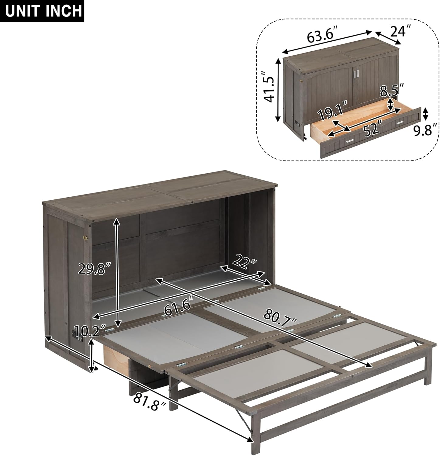 Queen Murphy Bed Cabinet, Wood Murphy Bed Chest Bed with Drawer and Charging Station, 63'' Foldable Cabinet Bed for Dorm Loft Corner or Small Space