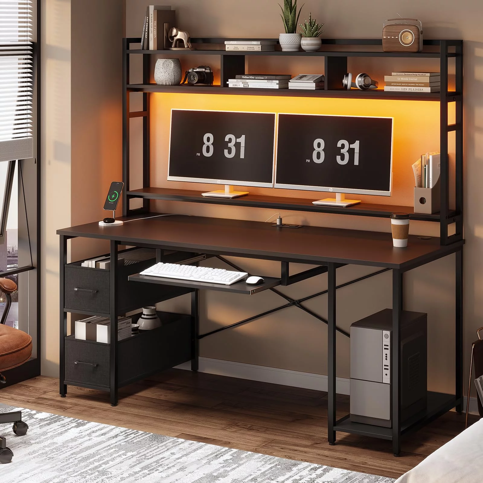 Computer Desk with LED Lights and Hutch, 55" Gaming Desk with Drawer, Power Outlet, Storage Shelves and Monitor Stand, Home Office Desk, Black