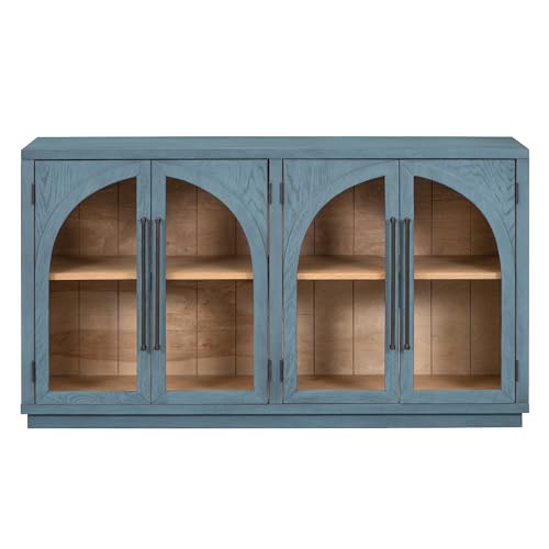 Large Sideboard Cabinet Retro Buffet Cabinet with 4 Glass Doors and Arched Design, Kitchen Cupboard Storage Cabinet for Dining Room Living Room, Black
