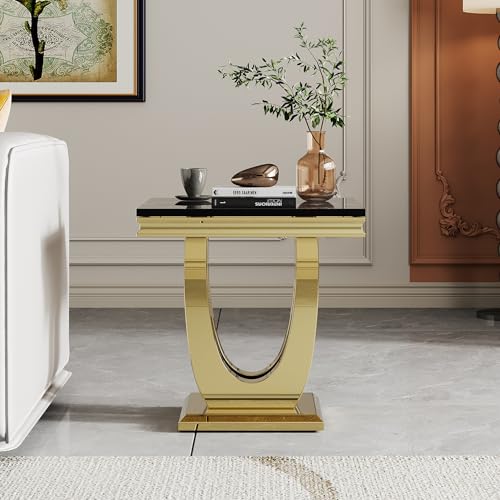 Modern Luxury Faux Marble End Table with Polished Silver Stainless Steel U Base Square White Marble Side Table Elegant Small Bedside Table for Living Room Bedroom Office