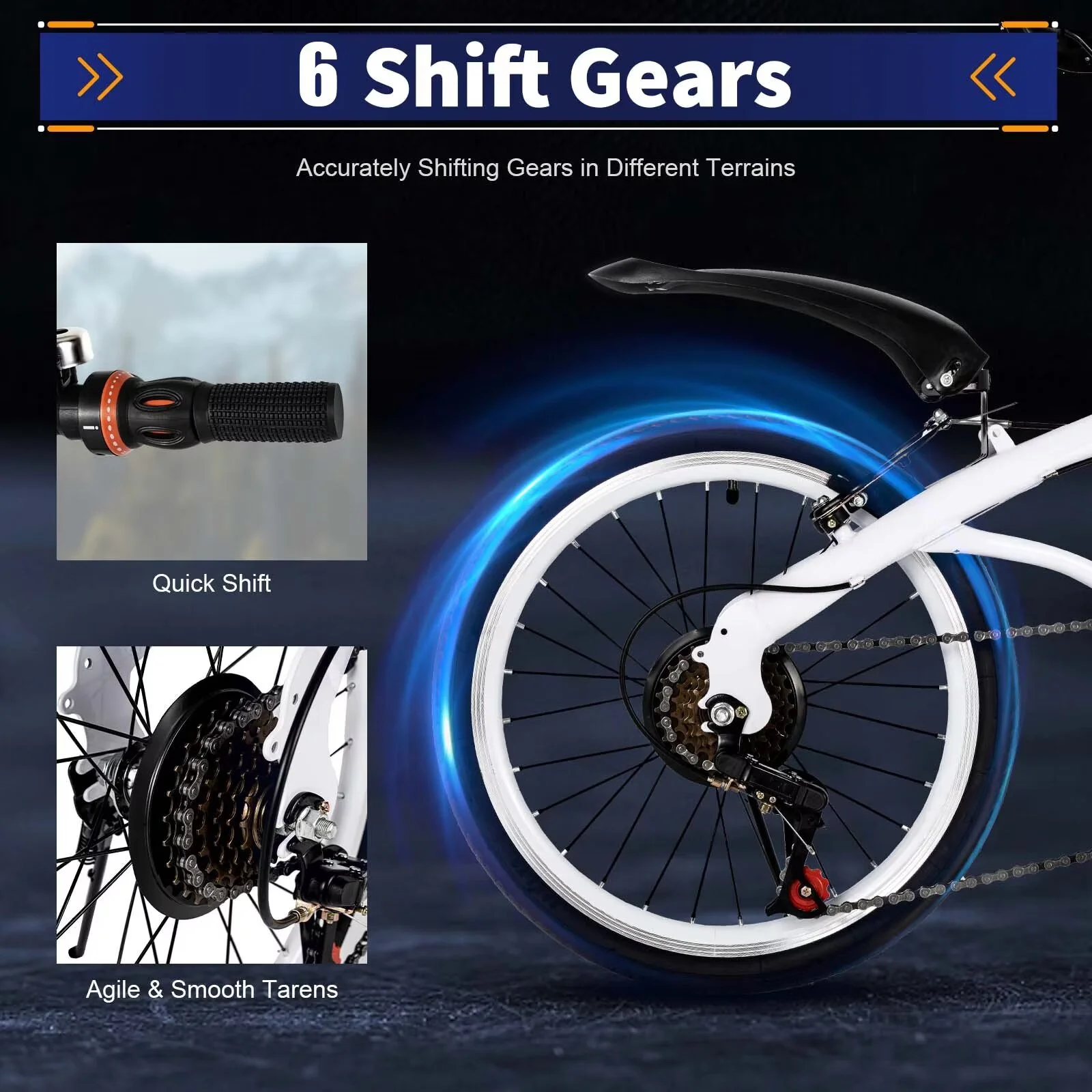 OUKANING 20" White Folding Bike Height Adjustable Foldable City Bike for Adult Commute Bicycle 6 Speed Gears with Mudguard
