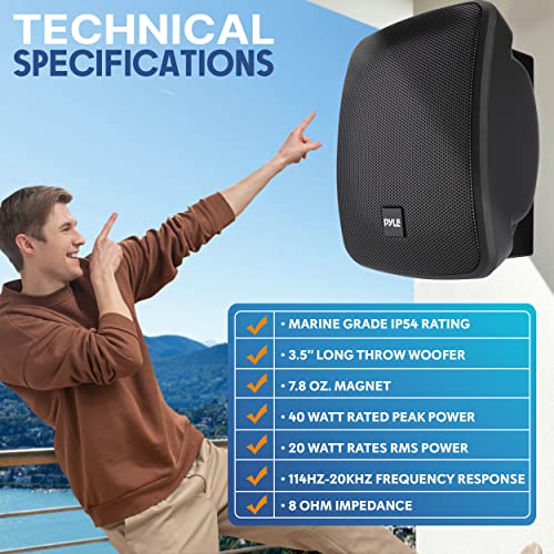 Pyle 5.25 Inch 2 Way Outdoor Waterproof Mountable Wireless Bluetooth Dual Speakers with Heavy Duty Grill Cabinet Enclosure, Black (2 Pack)