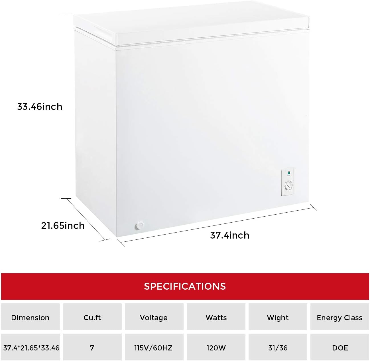 KEG 7.0 Cubic Feet Top Chest Freezer with Adjustable Thermostat and Removable Storage Basket, Freezing Machine for Home and Kitchen (7 cu ft)
