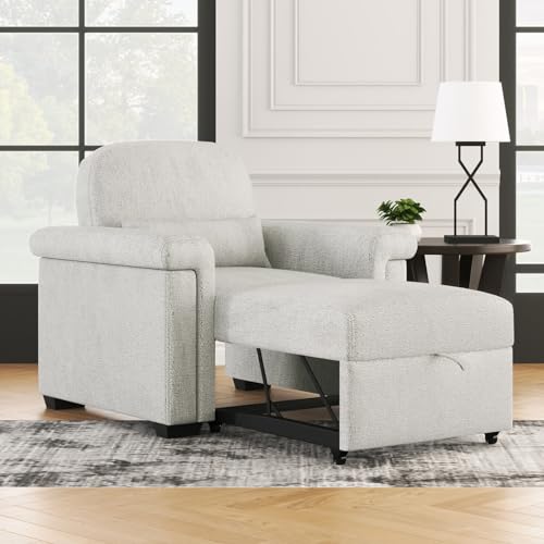Sleeper Chair Bed, 37.8in Pull Out Sleeper Bed with Polliw, 3 in 1 Convertible Single Sofa Chair Bed with Adjustable Backrest, Chaise Lounge Chair Indoor for Living Room, Bedroom, Salon, Beige
