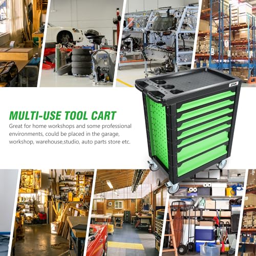 DNA MOTORING 7-Drawer Rolling Tool Cabinet Chest with Keyed Locking System Non-Slip Mat, for Garage Warehouse Workshop, Green, TOOLS-00399