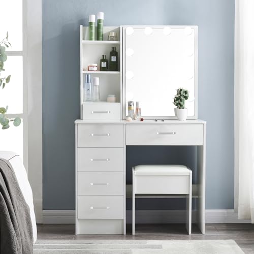 Makeup Vanity Desk with Lighted Mirror & 3 Lighting Modes Adjustable Brightness, Vanity Table with 6 Drawers and Storage Shelves, Vanity Set with Upholstered Stool