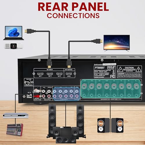 Pyle Hi-Fi Wireless Bluetooth 5.0 Home Theater Receiver - 7.2 Channel Surround Sound Stereo Amp with ARC Support - MP3/USB/DAC/FM Radio - 1200W PMPO - HDMI - Remote Control - for Home Audio - PT885BT