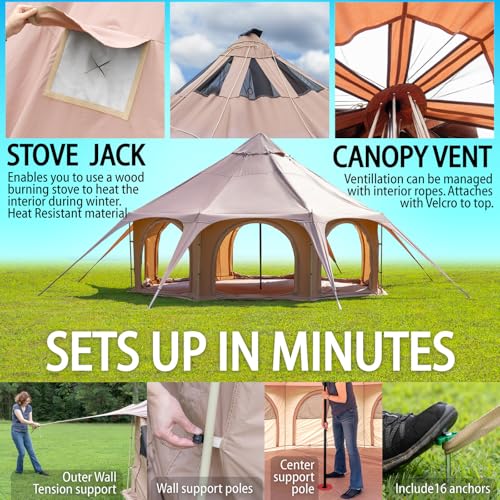 Glamping Canvas Tent - 16x9ft Tent with Stove Jack, Canopy Vents