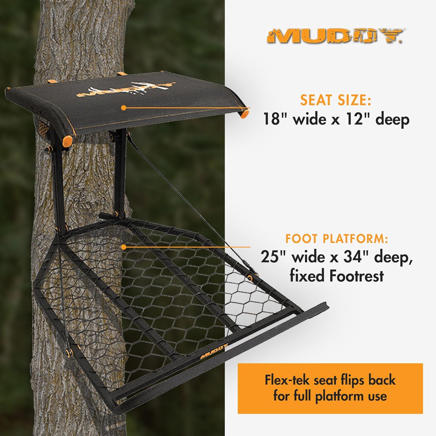 Muddy The Boss XL Wide Stance Hang On 1 Person Hunting Tree Stand Platform with Silent Straps, FlexTek Seating, and Extra Wide Platform (2 Pack)