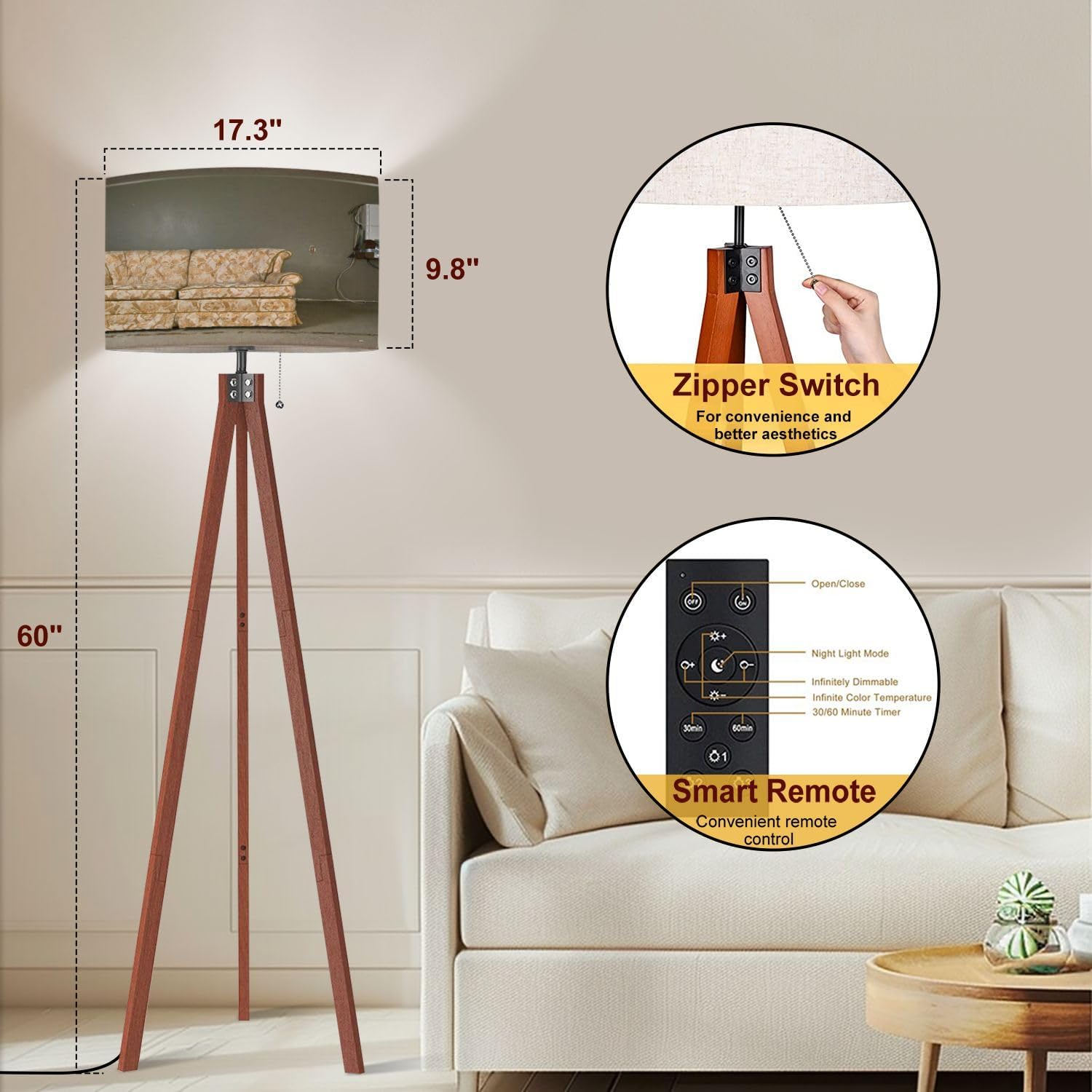 Wood Tripod Floor Lamp derelict couch Modern Standing Lamp Linen Lampshade Dimmable Tall Lamp Mid Century Floor Lamp for Living Room Bedroom