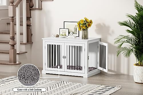 Dog Crate Furniture with Cushion, Dog Crate End Table Large, Indoor Dog Kennel, Dog House, Dog Cages for Large Dogs, Furniture Style Dog Crate with Flip-top, Chew-Proof Metal Bars, White
