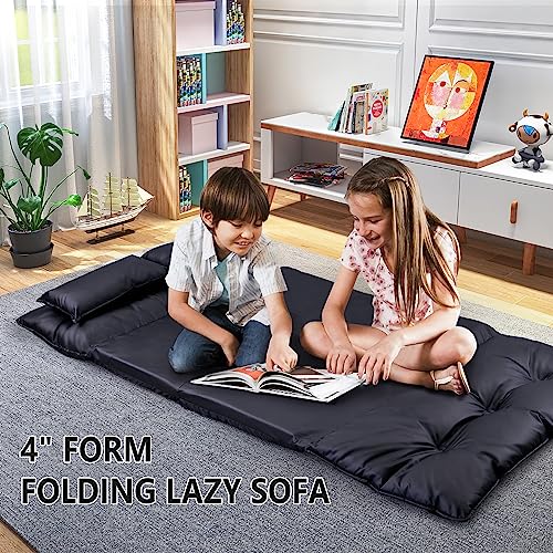 Futon Floor Sofa 5-Position Folding Chaise Lounge w/Adjustable Back&Steel Frame for Gaming Video,Multi-functional Lazy Sofa Sleeper Bed w/2 Lumbar Pillows&Thick Cushion for Living Room Bedroom (Black)