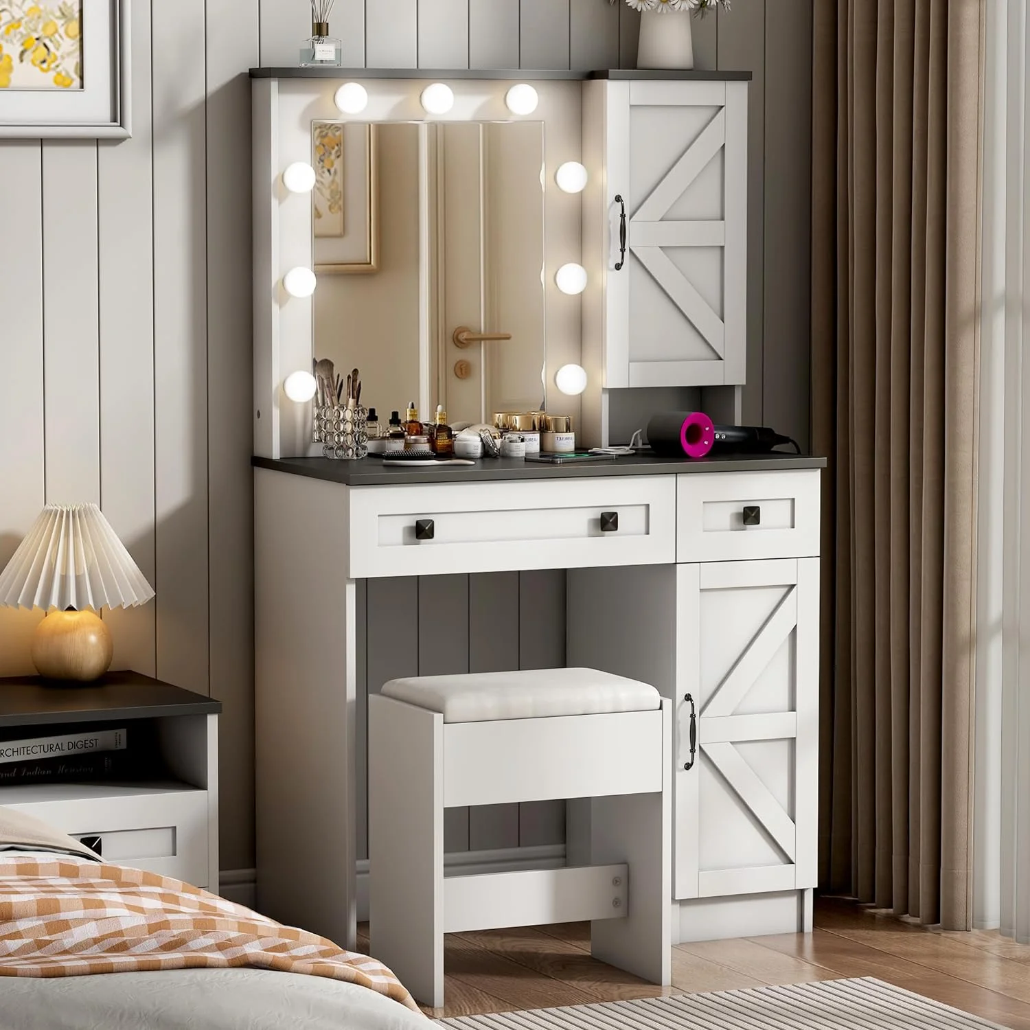 Wanan 31.5" Makeup Vanity Desk with Lights,  Farmhouse Vanity Table and Bench Set with Power Outlet
