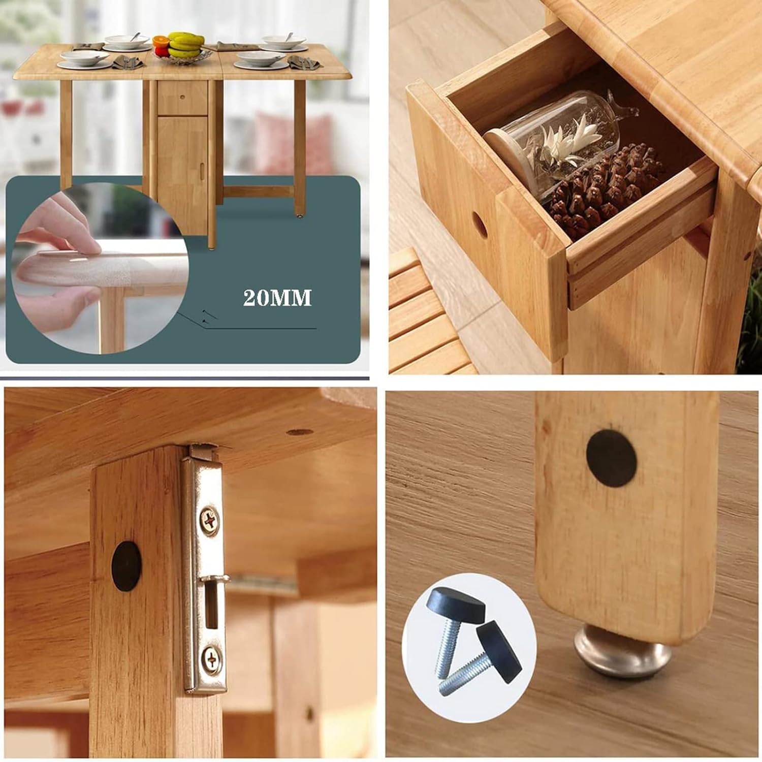 Kitchen Table, Folding Dining Table, Solid Wood Drop Leaf Table, Space Saving Compact Dining Room Table (A) (B)