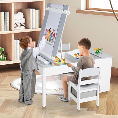 Kinder King Kids Art Table & Easel Chair Set, 3 in 1 Wood Children Activity Table, 6 Storage Bins, Paper Roll, Paint Cups, Toddler Craft and Play Table for Art, Drawing, Reading, Playroom, Natural