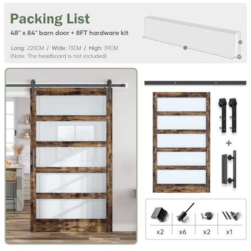 36x84 Inch Glass Sliding Barn Door Slab and 6.6ft Hardware Kit Included, 5 Frosted Glass, LVL Wood Panel Covered with White Water-Proof Scratch-Proof PVC Surface, Simple DIY Assembly