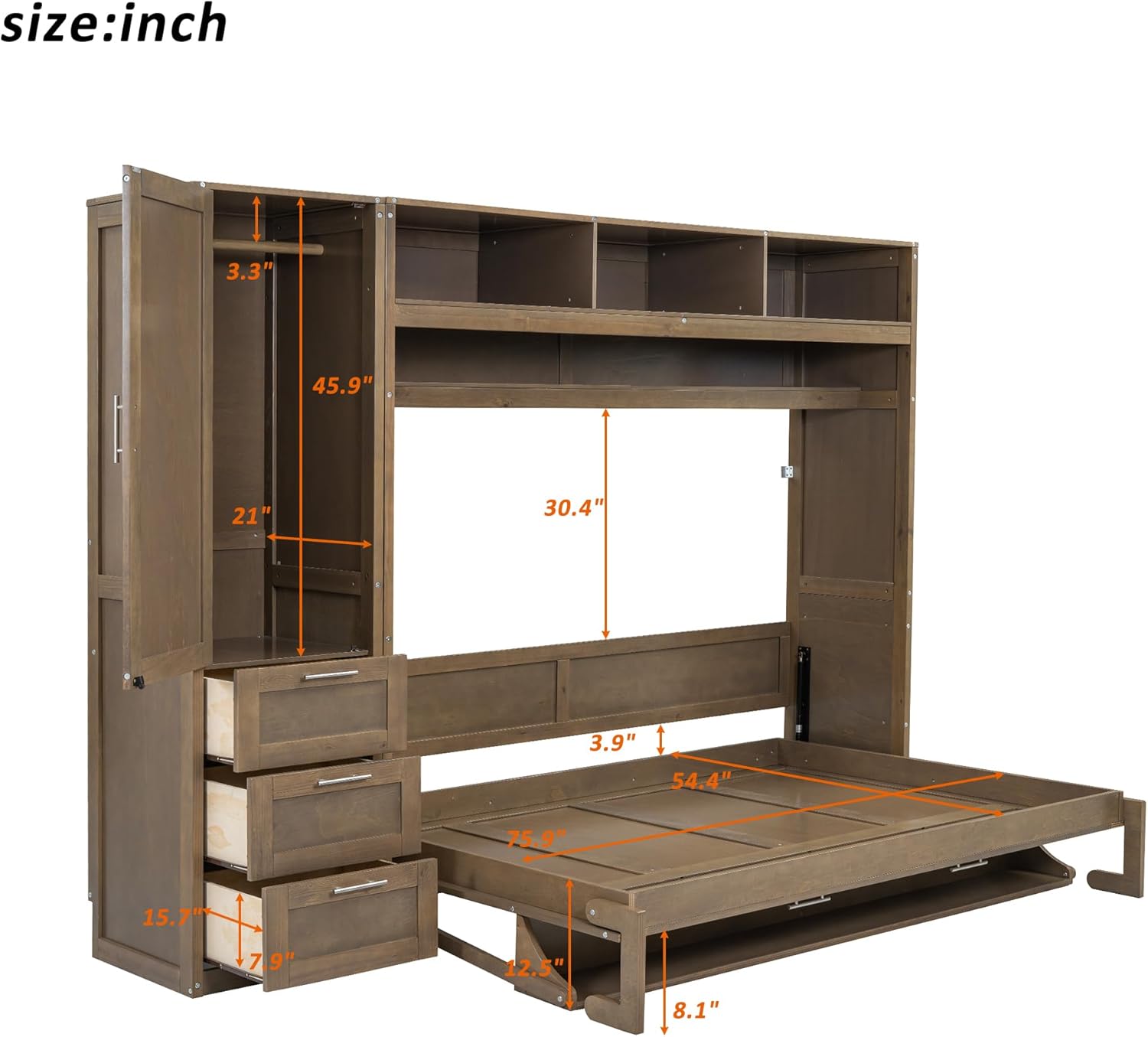 Merax Full Size Murphy Bed Frame Wallbed with Wardrobe,3 Drawers and Open Shelves,Space-Saving Design