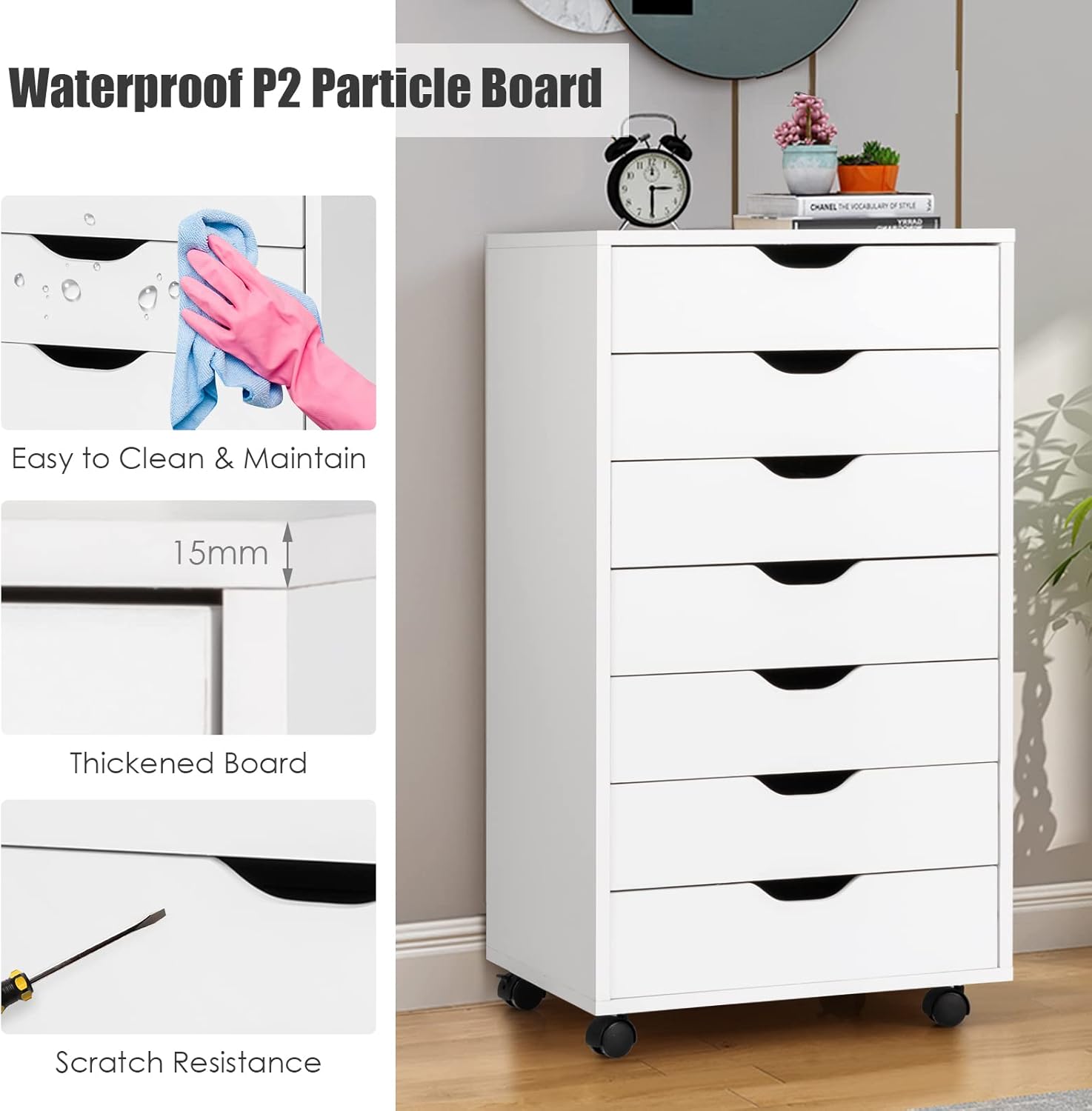 7 Drawers File Cabinet, 34.5”Vertical Filing Cabinet for Home Office, Under Desk Storage Cabinet with Wheels, Mobile Chest of Drawers, Lateral Rolling Printer Stand, White