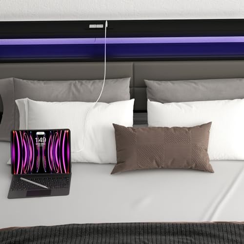 Bonzy Home Full Size Bed Frame with 4 Storage Drawers and USB Port, Platform Bed Frame with Lights, Strong Metal Slats Support, No Box Spring, Non-Noise, Mattress Foundation, Grey