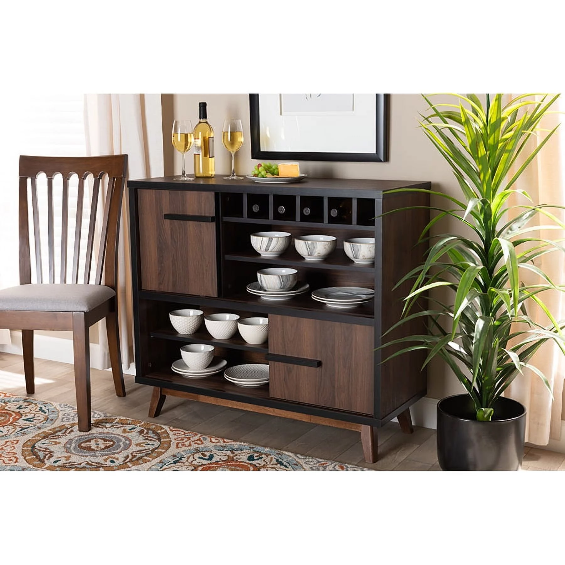 Baxton Studio Margo Mid-Century Modern Two-Tone Walnut Brown and Black Finished Wood Wine Storage Cabinet