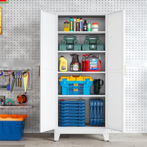 75.2”H Pantry Storage Cabinet, Kitchen Storage Cabinets with Adjustable Feet and Shelves, Metal Pantry Cabinet for Kitchen, Living Room, Laundry Room and Dinning Room