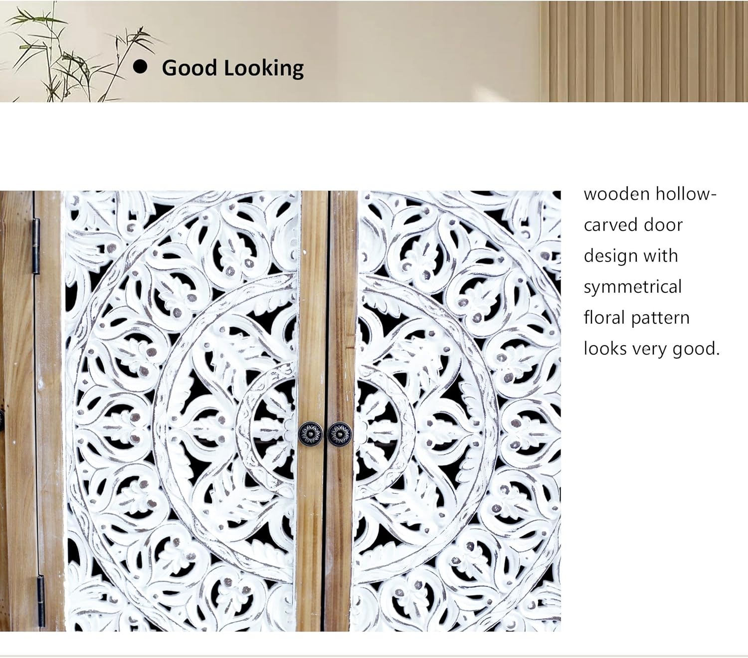 4-Door Hollow-Carved Accent Cabinet, Distressed Wood Storage Cabinet Cupboard with adjustable shelves,unique design for Kitchen, Dining Room, Living Room, Entryway, Natural wood
