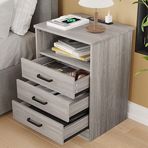ADORNEVE Nightstands Set of 2, Grey Night Stands with Charging Station, Bedside Table with Drawers & USB Ports for Bedroom,Living Room