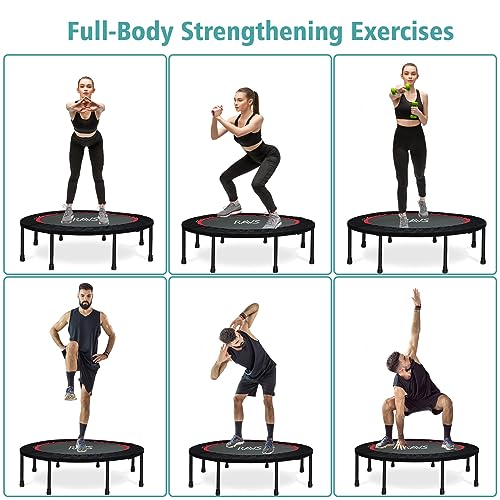 RAVS Mini Trampoline for Kids Adults 40"/48" Foldable Fitness Rebounder Kids Trampoline with 5 Levels Height Adjustable Handle Resistance Bands Indoor Workout Max Load 350lbs-450lbs
