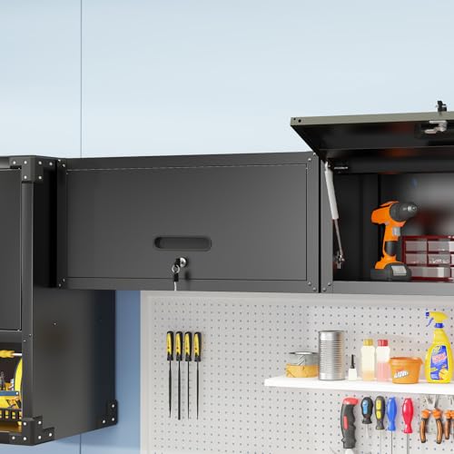 Garage Storage Cabinet Wall Cabinet with 2 Doors,Lockable Tool Cabinets Wall Mounted with Adjustale Shelves,Heavy Duty Steel Hanging Cabinets for Warehouse Kitchen Laundry,Assembly Required