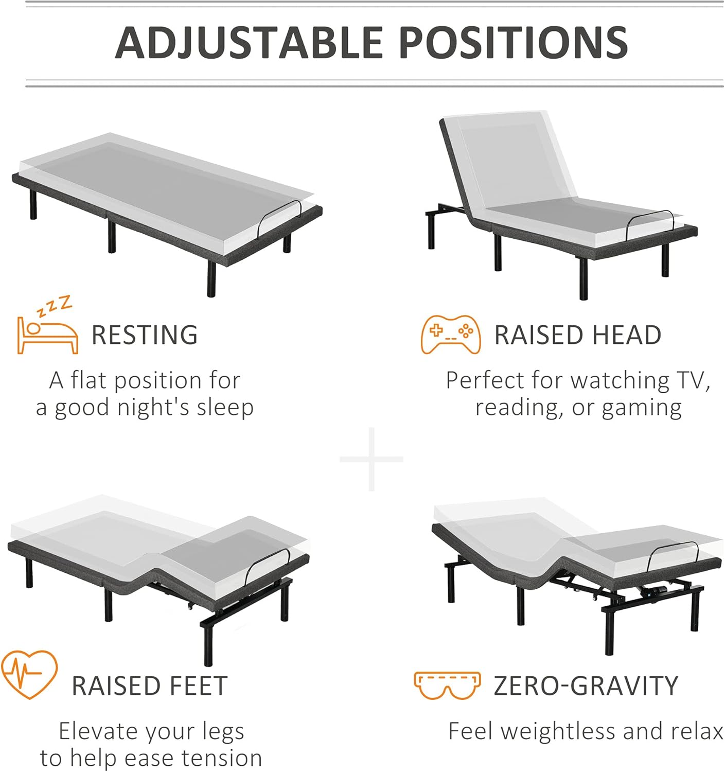 HOMCOM Twin XL Adjustable Bed Frame, Ergonomic Zero Gravity Power Bed Base with Head and Foot Incline, Memory, and Wireless Remote, Gray