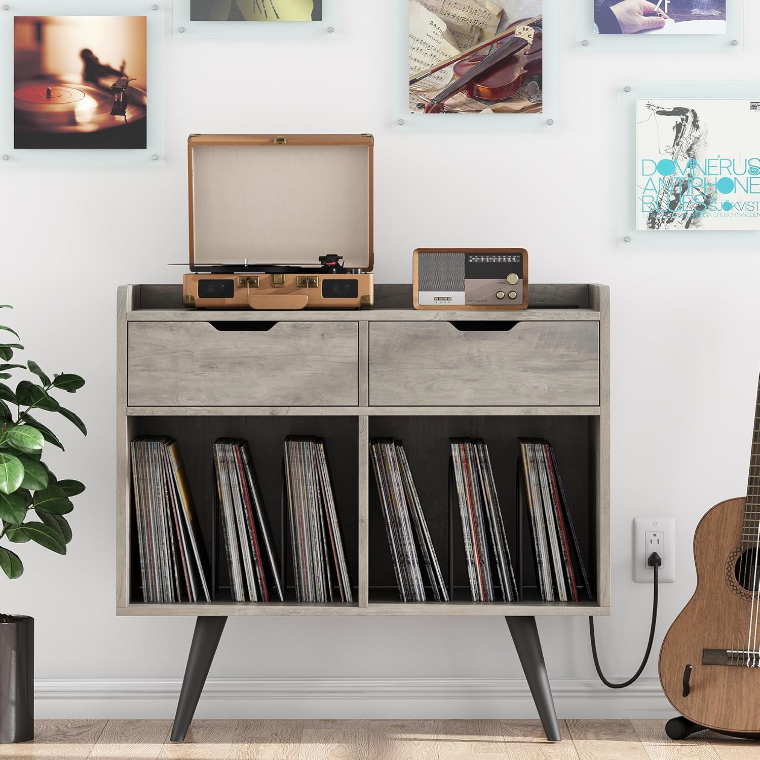 Record Player Stand with Storage, Farmhouse Record Table Cabinet with Power Outlet & Drawers, Large Wooden Turntable Stand for Album in Living Room Bedroom, Gray