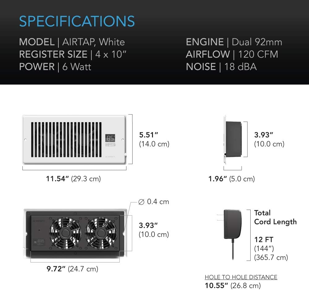 AC Infinity AIRTAP T4, Quiet Register Booster Fan with Thermostat Control. Heating Cooling AC Vent. Fits 4” x 10” Register Holes. Pack of 2