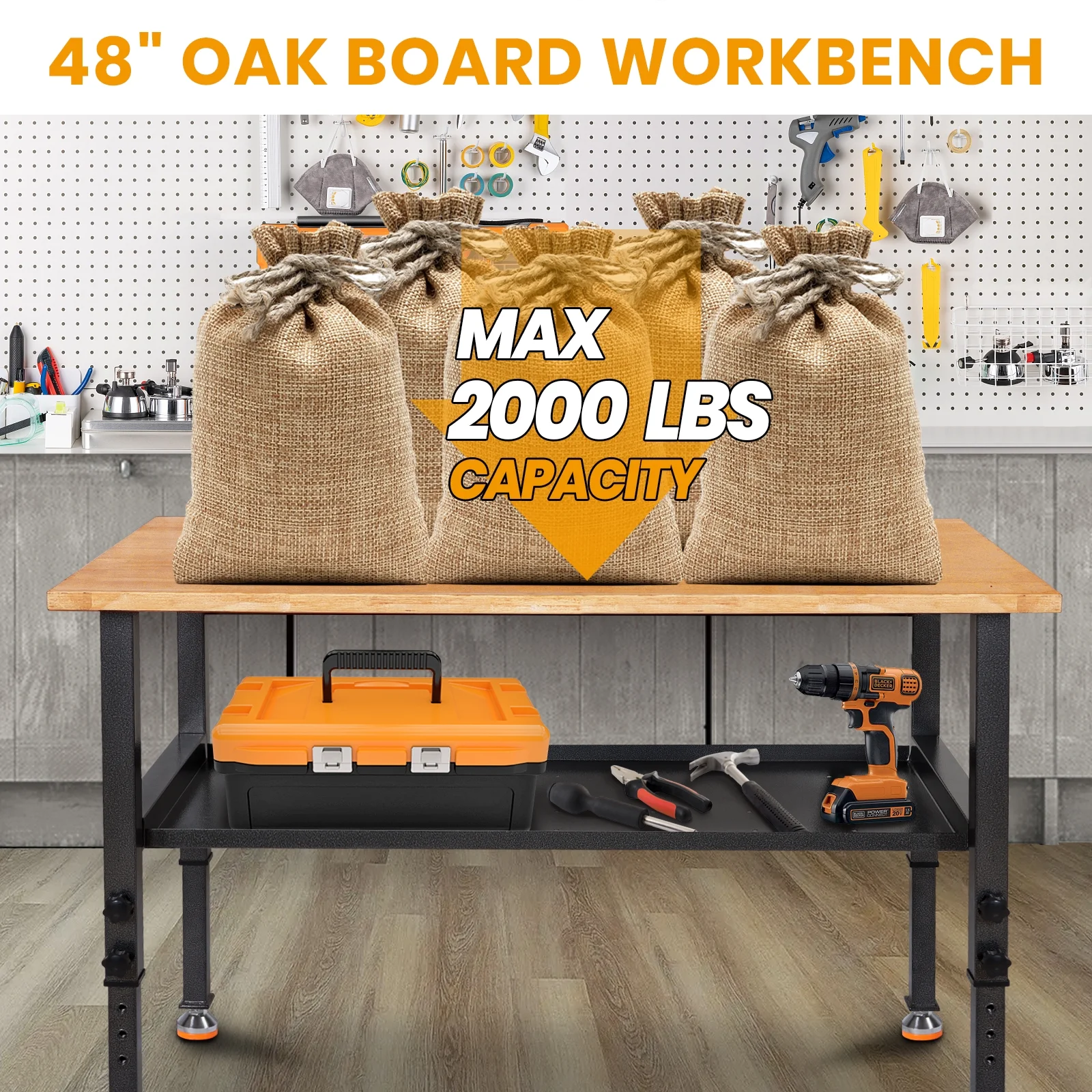 Polar Aurora 48" Adjustable Heavy-Duty Workbench, Rubber Wood Top Worktable with partition