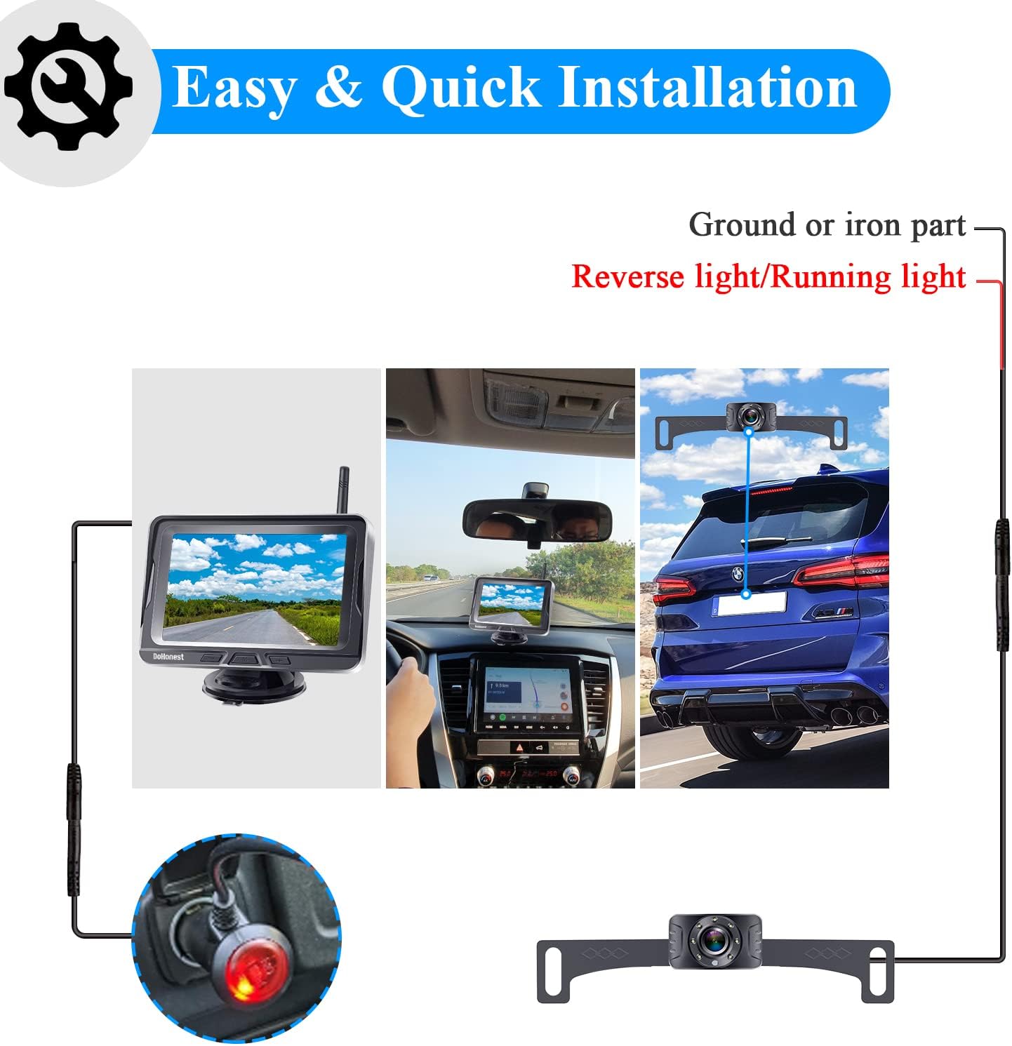 Wireless Backup Camera for Car with 5 Monitor, HD 1080P No Delay Bluetooth Backup Camera System for Truck Pickup Minivan Support Add Second RV Camera DIY Installation to Avoid Drill Hole -DoHonest S4