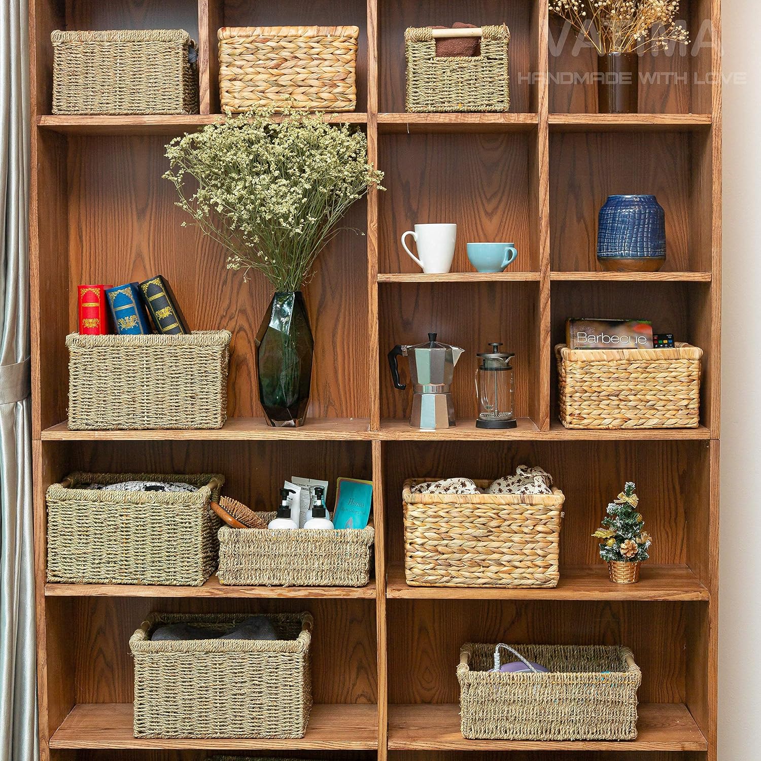 VATIMA Large Wicker Basket Rectangular with Wooden Handles for Shelves, Water Hyacinth Basket Storage, Natural Baskets for Organizing, Wicker Baskets for Storage 14.5 x 10.3 x 7.2 inches